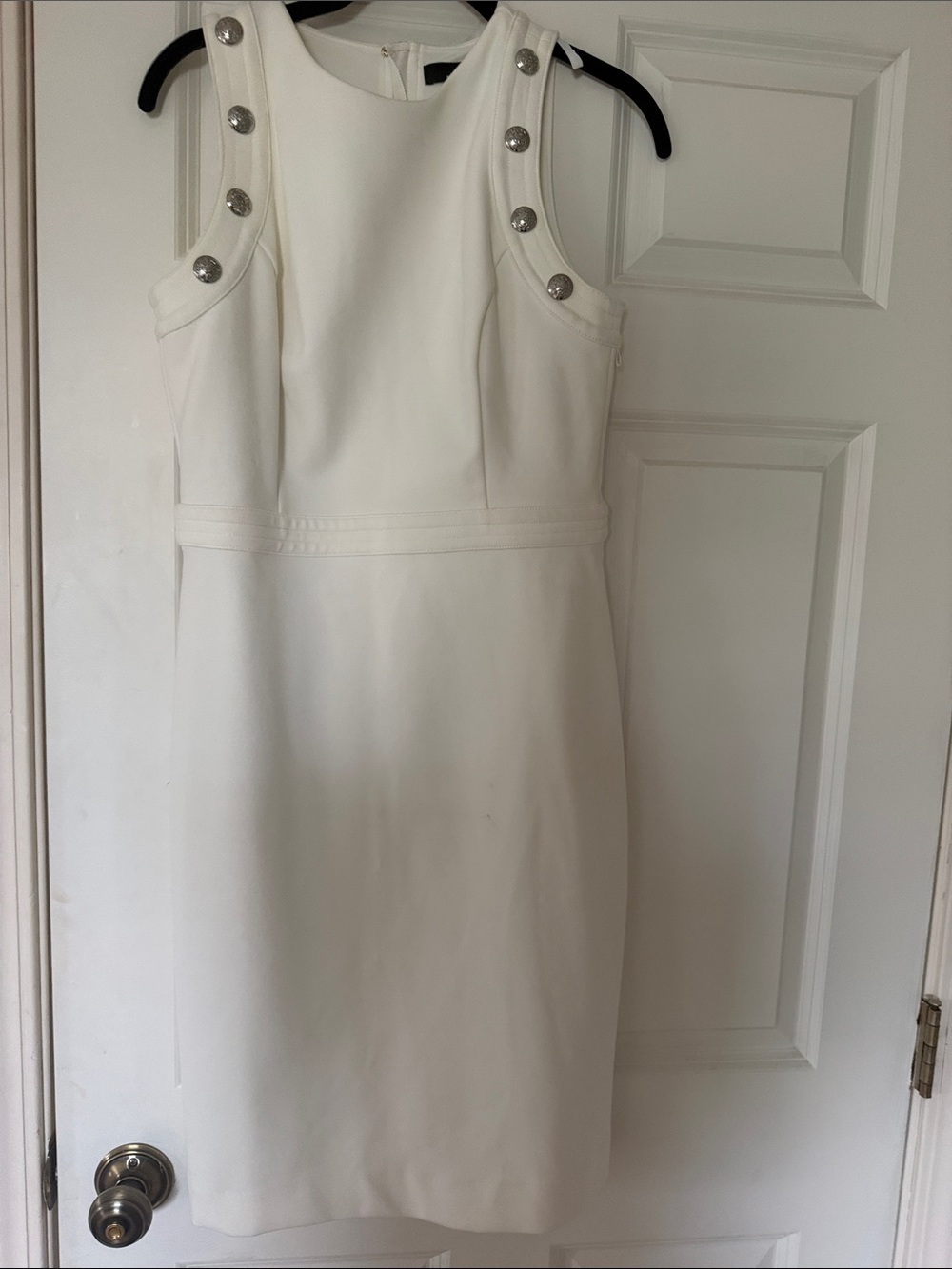 White House Black Market White Sleeveless Sheath Dress with Silver Buttons